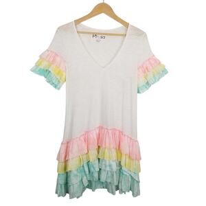 Pitusa Women's Ruffle Shirt Dress Cover Up White Rainbow One Size